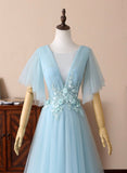 Blue V-Neck Lace Long Prom Dresses, A-Line Evening Dresses HZ0429