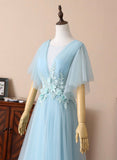 Blue V-Neck Lace Long Prom Dresses, A-Line Evening Dresses HZ0429