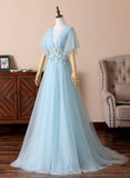 Blue V-Neck Lace Long Prom Dresses, A-Line Evening Dresses HZ0429