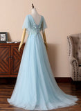 Blue V-Neck Lace Long Prom Dresses, A-Line Evening Dresses HZ0429