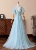 Blue V-Neck Lace Long Prom Dresses, A-Line Evening Dresses HZ0429