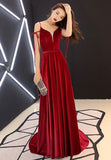 Burgundy Velvet Long Prom Dresses, Spaghetti Strap Evening Dresses HZ0429