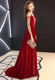 Burgundy Velvet Long Prom Dresses, Spaghetti Strap Evening Dresses HZ0429