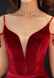 Burgundy Velvet Long Prom Dresses, Spaghetti Strap Evening Dresses HZ0429