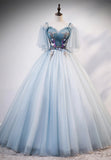 Lovely Spaghetti Strap Blue Long Prom Dresses, Lace Evening Dresses HZ0429