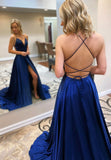 Blue V-Neck Satin Long Prom Dresses, A-Line Backless Prom Dresses HZ0429