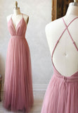Simple Tulle Long Prom Dress, A Line Backless Evening Dress HZ0429