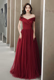 Burgundy Tulle Floor Length Prom Dress, Off the Shoulder Party Dress HZ0429