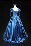 Blue Satin Ball Gown with Puff Sleeves, Princess Floor Length Prom Gown HZ0429