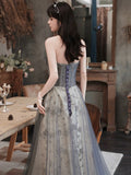 Gray Tulle Sequins Long Prom Dress, Lovely A-Line Evening Party Dress HZ0429