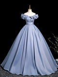 Blue Tulle Pleated Long Prom Dress, Elegant A-Line Evening Party Dress HZ0429