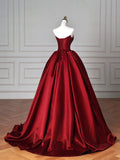 Burgundy Satin Long Prom Dress, A-Line Strapless Evening Party Dress HZ0429