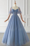 Blue Tulle Beaded Floor Length Prom Dress, Blue V-Neck Evening Party Dress HZ0429