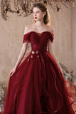 Burgundy Tulle Sequins Long Prom Dress, Beautiful A-Line Party Dress HZ0429