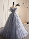 Gray Tulle Long A-Line Prom Dress, Off Shoulder Evening Dress Party Dress HZ0429