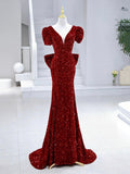 Mermaid Sequins Long Prom Dress, Burgundy V-Neck Evening Dress HZ0429
