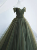 Green Tulle Long Prom Dress, A-Line Off Shoulder Evening Dress HZ0429