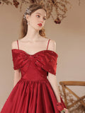 Burgundy Satin Beaded Long Prom Dress, Cute Off Shoulder Evening Dress HZ0429