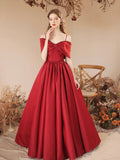 Burgundy Satin Beaded Long Prom Dress, Cute Off Shoulder Evening Dress HZ0429
