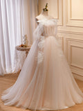 Champagne Tulle Long Prom Dress, A-Line Evening Dress with Bow HZ0429