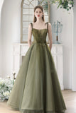 Green Spaghetti Strap Tulle Long Prom Dress, Beautiful A-Line Evening Dress HZ0429