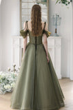 Green Spaghetti Strap Tulle Long Prom Dress, Beautiful A-Line Evening Dress HZ0429