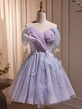 Purple Tulle Knee Length Birthday Party Formal Dress, Off the Shoulder Purple Prom Dress HZ0429