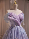 Purple Tulle Knee Length Birthday Party Formal Dress, Off the Shoulder Purple Prom Dress HZ0429