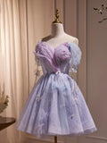 Purple Tulle Knee Length Birthday Party Formal Dress, Off the Shoulder Purple Prom Dress HZ0429