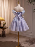Purple Tulle Knee Length Birthday Party Formal Dress, Off the Shoulder Purple Prom Dress HZ0429