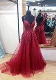 Burgundy V-Neck Lace Long Prom Dresses, A-Line Evening Dresses HZ0429