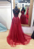 Burgundy V-Neck Lace Long Prom Dresses, A-Line Evening Dresses HZ0429