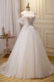Champagne Lace Long A-line Prom Dress, Off the Shoulder Evening Dress HZ0429