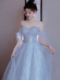 Blue Tulle Sequins Long Prom Dresses, Beautiful Off Shoulder Blue Evening Dresses HZ0429