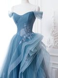 Blue Tulle Lace Long Formal Dress, A-Line Blue Evening Prom Dress HZ0429