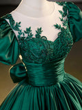 Green Satin Lace Floor Length Formal Dress, Short Sleeve A-Line Evening Dress HZ0429