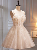 Champagne Spaghetti Strap Party Dress, Cute A-Line Evening Dress Homecoming Dress HZ0429