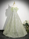 Green Tulle Sequins Long Prom Dress, Beautiful Off the Shoulder Party Dress HZ0429