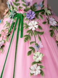 Pink Tulle Flower Long Prom Dresses, Lovely Spaghetti Formal Dresses Sweet 16 Dresses HZ0429