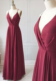 Burgundy Chiffon Long Prom Dress, Simple V-Neck Evening Dress HZ0429