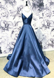 Blue Satin Long A-Line Prom Dress, Simple V-Neck Evening Dress HZ0429