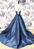 Blue Satin Long A-Line Prom Dress, Simple V-Neck Evening Dress HZ0429
