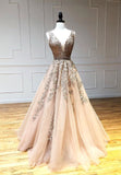 Plunging V-Neck Tulle Long Prom Dresses, Lace Formal Dresses HZ0429