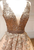 Plunging V-Neck Tulle Long Prom Dresses, Lace Formal Dresses HZ0429