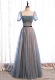 Grey Tulle Long Prom Dresses, A-Line Evening Dresses HZ0429