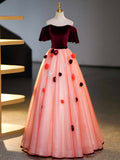 Burgundy Velvet Tulle Long Formal Dress, Off the Shoulder Sweet Flower Party Dress HZ0429