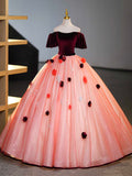 Burgundy Velvet Tulle Long Formal Dress, Off the Shoulder Sweet Flower Party Dress HZ0429