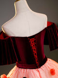 Burgundy Velvet Tulle Long Formal Dress, Off the Shoulder Sweet Flower Party Dress HZ0429