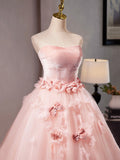 Pink Velvet and Tulle Long A-Line Prom Dress, Beautiful Strapless Evening Dress with Flowers HZ0429