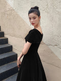 Black V-Neck Velvet Knee Length Prom Dress, Black Evening Party Dress HZ0429